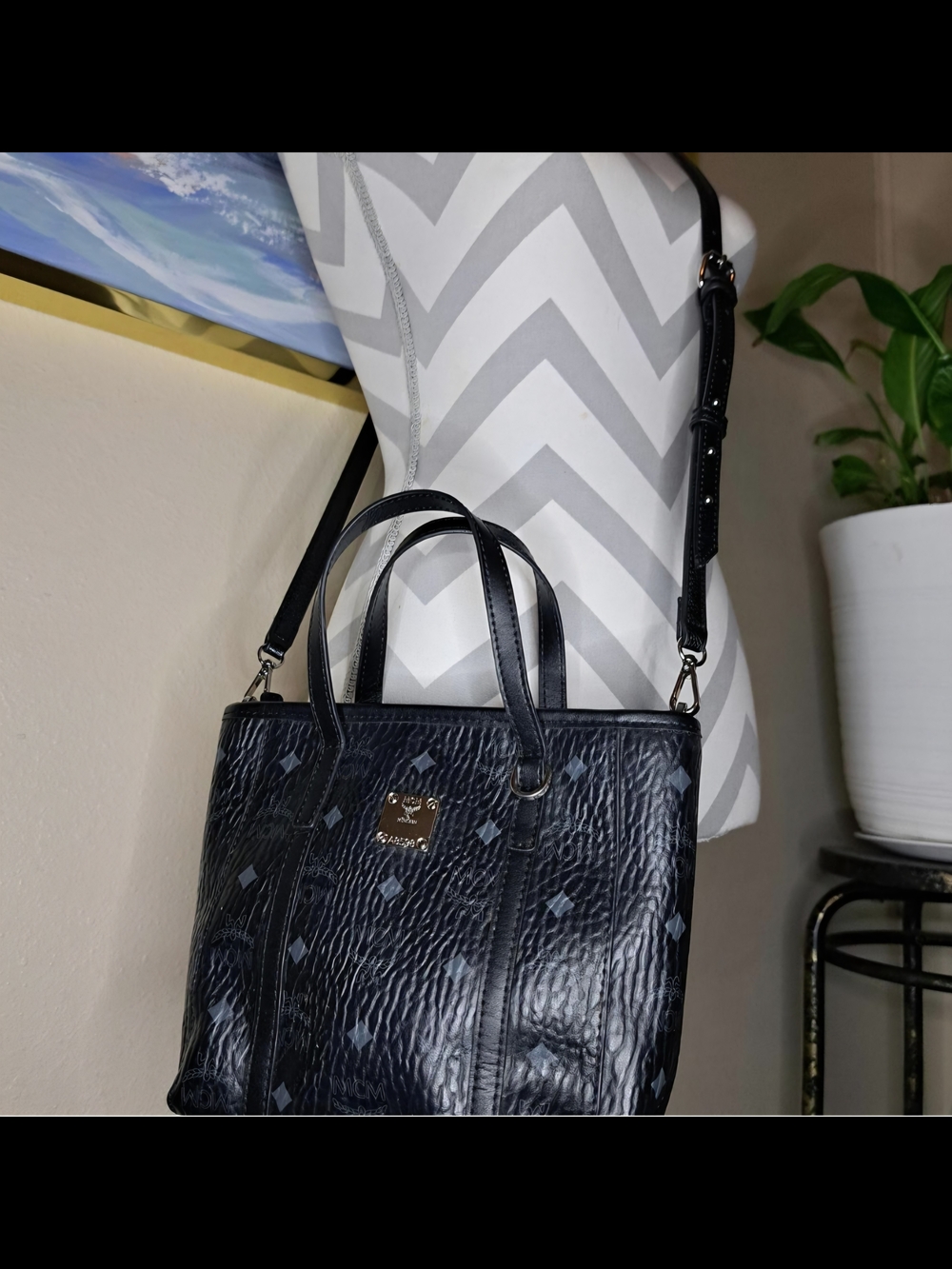 MCM Black Logo-Print Leather Small Tote with Adjustable Strap